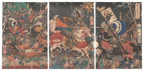 Battle of Atakagawa in Yoshitora Province Kaga Woodblock Print 1855: Battle of Atakagawa in Yoshitora Province Kaga Woodblock Print 1855 Item Specifics: Artist: Utagawa Yoshitora Subject: Samurai Battle History Material: Washi Paper Style: Japanese Year Of Production: