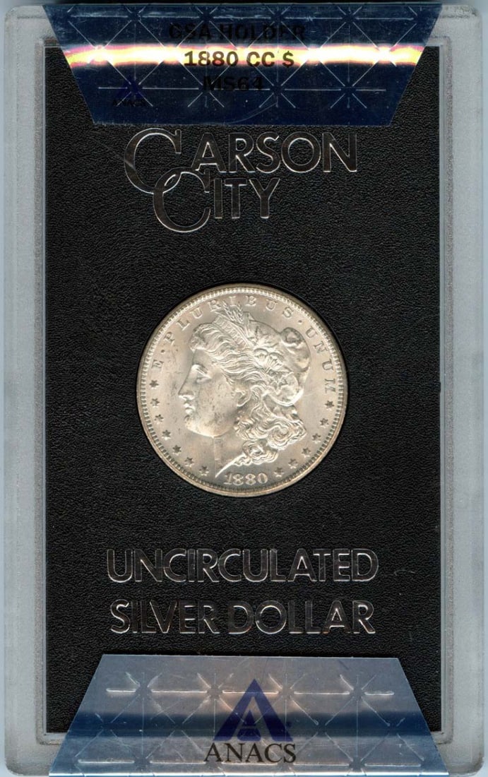 1880-CC Morgan Dollar GSA HOARD S$1 ANACS MS64: 1880-CC Morgan Dollar GSA HOARD S$1 ANACS MS64 The 1880-CC Morgan Dollar GSA HOARD S$1 ANACS MS64 is an uncirculated coin from the Carson City mint, certified by ANACS with a grade of MS64. This rare 