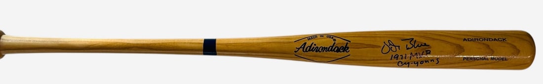 Blue autographed adirondack bat: Blue autographed adirondack bat Vida Blue's 1971 Autographed Adirondack Bat bears the signature "1971 M.V.P Cy Young" in blue sharpie across its barrel, a notable feature of this unique collectible. T