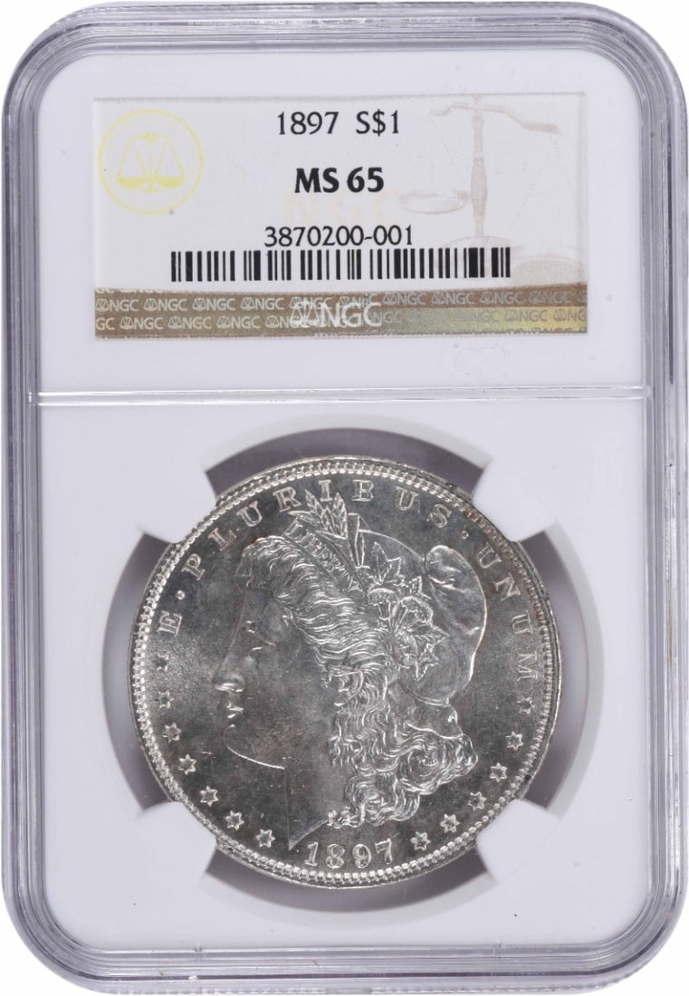Morgan Silver Dollar MS65 NGC: Morgan Silver Dollar MS65 NGC The 1897 Morgan Silver Dollar, certified MS65 by the NGC, boasts exceptional condition with its reeded edge and no mint mark. With a rich history as part of the US curren
