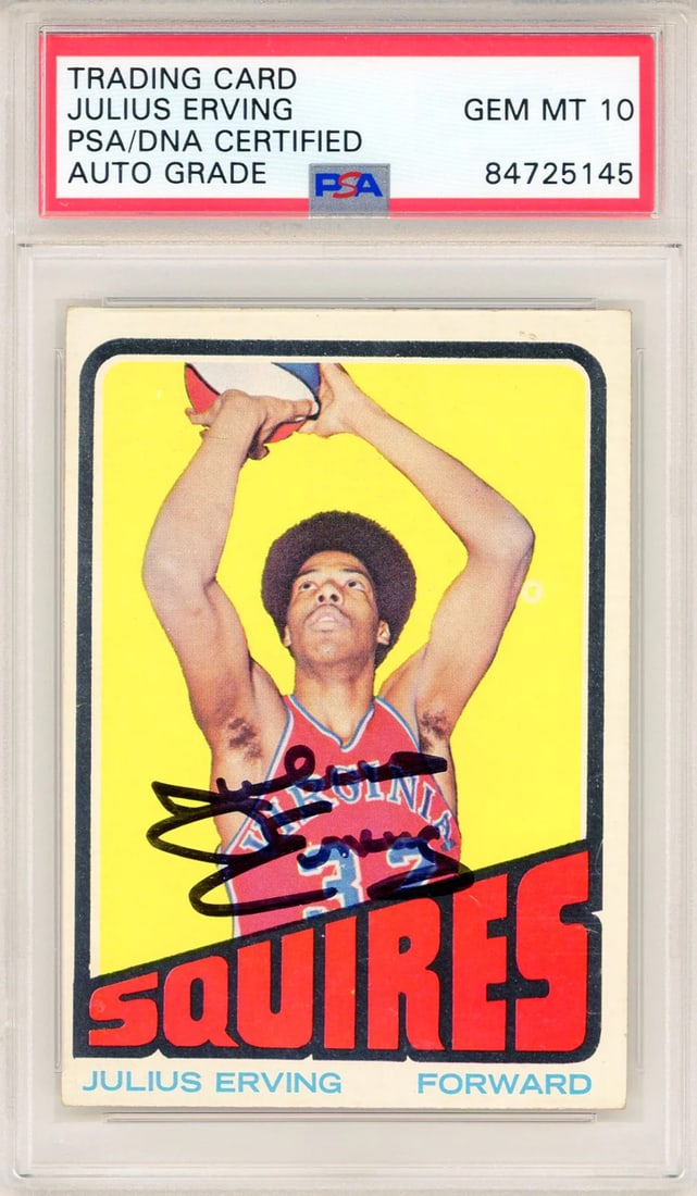 Julius Erving Autographed 1972 Topps Rookie Card #195 (PSA Auto Gem Mint 10): Julius Erving Autographed 1972 Topps Rookie Card #195 (PSA Auto Gem Mint 10) PSA Auto Gem Mint 10 Julius Erving Autographed 1972 Topps Rookie Card #195 - A rare and iconic piece of basketball history,