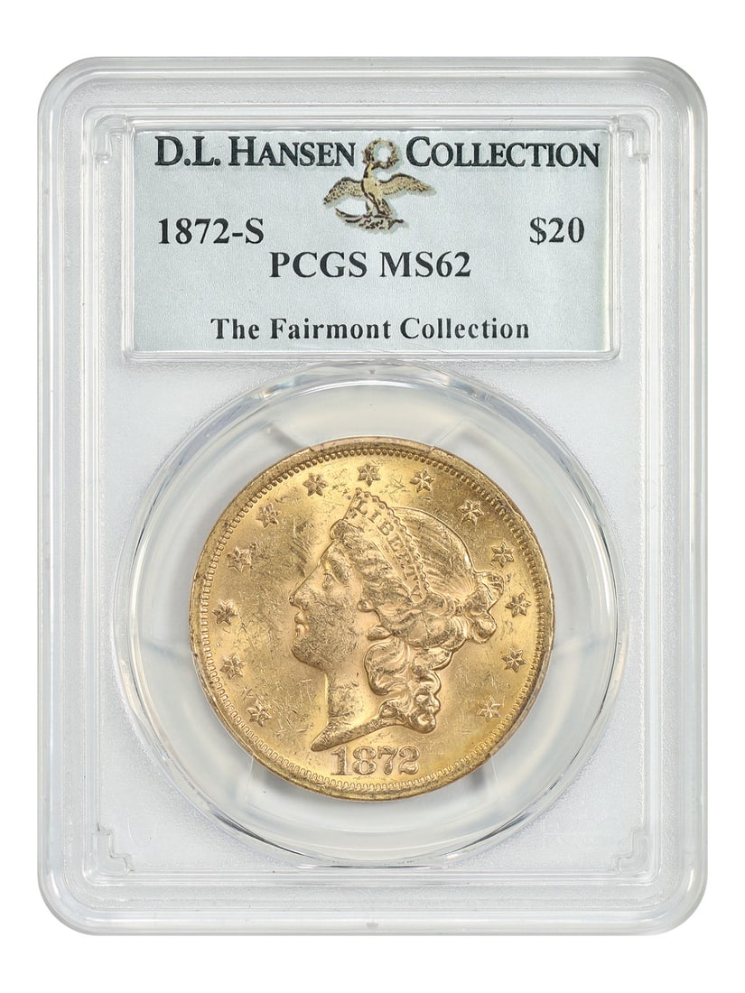 1872-S $20 PCGS MS62 ex: D.L. Hansen: 1872-S $20 PCGS MS62 ex: D.L. Hansen The 1872-S $20 PCGS MS62, graded by the Professional Coin Grading Service (PCGS), boasts a high level of preservation with a grade of MS62. This coin features its 