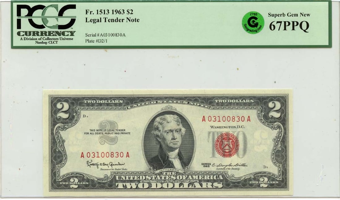 1963 $2 Legal Tender Note FR#1513 PCGS Superb GEM 67 PPQ GCC Green: 1963 $2 Legal Tender Note FR#1513 PCGS Superb GEM 67 PPQ GCC Green PCGS Superb GEM 67 PPQ GCC Green 1963 $2 Legal Tender Note - A highly detailed and circulated example of a rare US currency note, gra