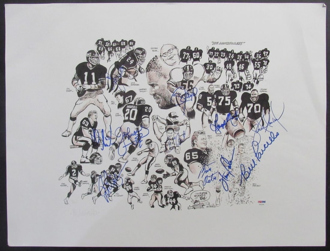 1986 NY Giants Signed by 11 Litho 19x25 Parcells Taylor Carson+++ PSA/ DNA 209352 (1 of 7)