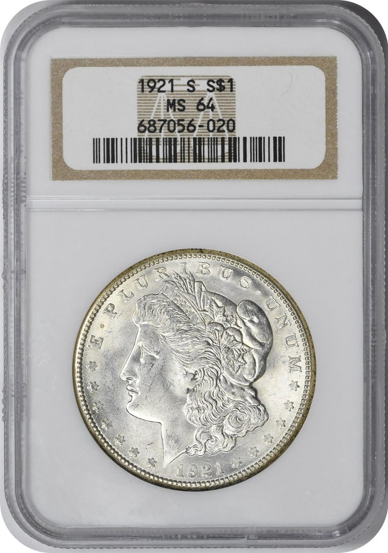 1921-S Morgan Silver Dollar MS64 NGC: 1921-S Morgan Silver Dollar MS64 NGC The 1921-S Morgan Silver Dollar MS64 NGC boasts exceptional detail and luster, thanks to its high-grade certification from the Numismatic Guaranty Corporation. Wit