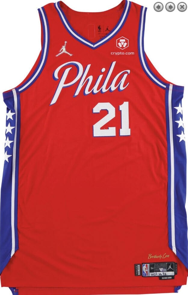 2021 Joel Embiid Philadelphia 76ers Game Worn/ Used Red Statement Jersey 175679: 2021 Joel Embiid Philadelphia 76ers Game Worn/ Used Red Statement Jersey 175679 Authentic 2021 Joel Embiid game-worn red statement jersey, worn by the Philadelphia 76ers star during his dominant seaso