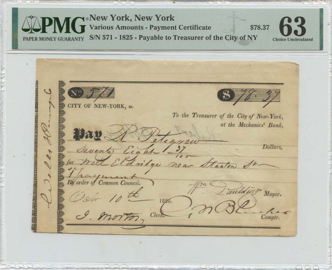 1825 $78.37 New York Payment Certificate Treasurer of NY PMG CU63: 1825 $78.37 New York Payment Certificate Treasurer of NY PMG CU63 This 1825 $78.37 New York Payment Certificate features a PMG CU63 grade and is certified as Uncirculated, showcasing its exceptional c