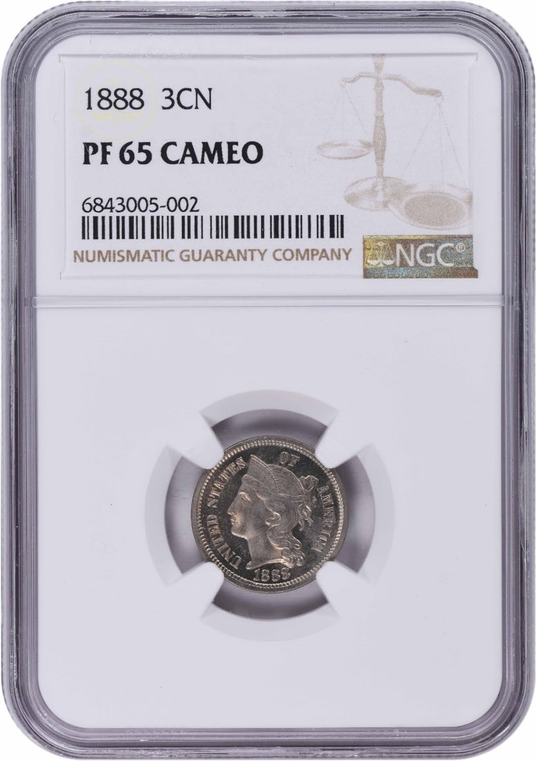 Three Cent Nickel PR65CAM NGC: Three Cent Nickel PR65CAM NGC The 1888 Three Cent Nickel PR65CAM NGC is a highly detailed and intricately designed coin, featuring a striking proof mint mark from the Philadelphia location. With its u