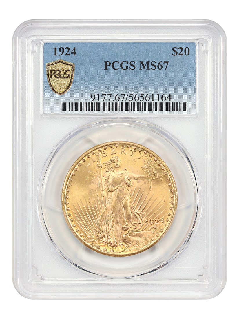 1924 $20 PCGS MS67 - St. Gaudens $20: 1924 $20 PCGS MS67 - St. Gaudens $20 The St. Gaudens $20, minted in 1924 and certified MS67 by PCGS, showcases the iconic design of Augustus Saint-Gaudens on its obverse and a vignette of Lady Liberty