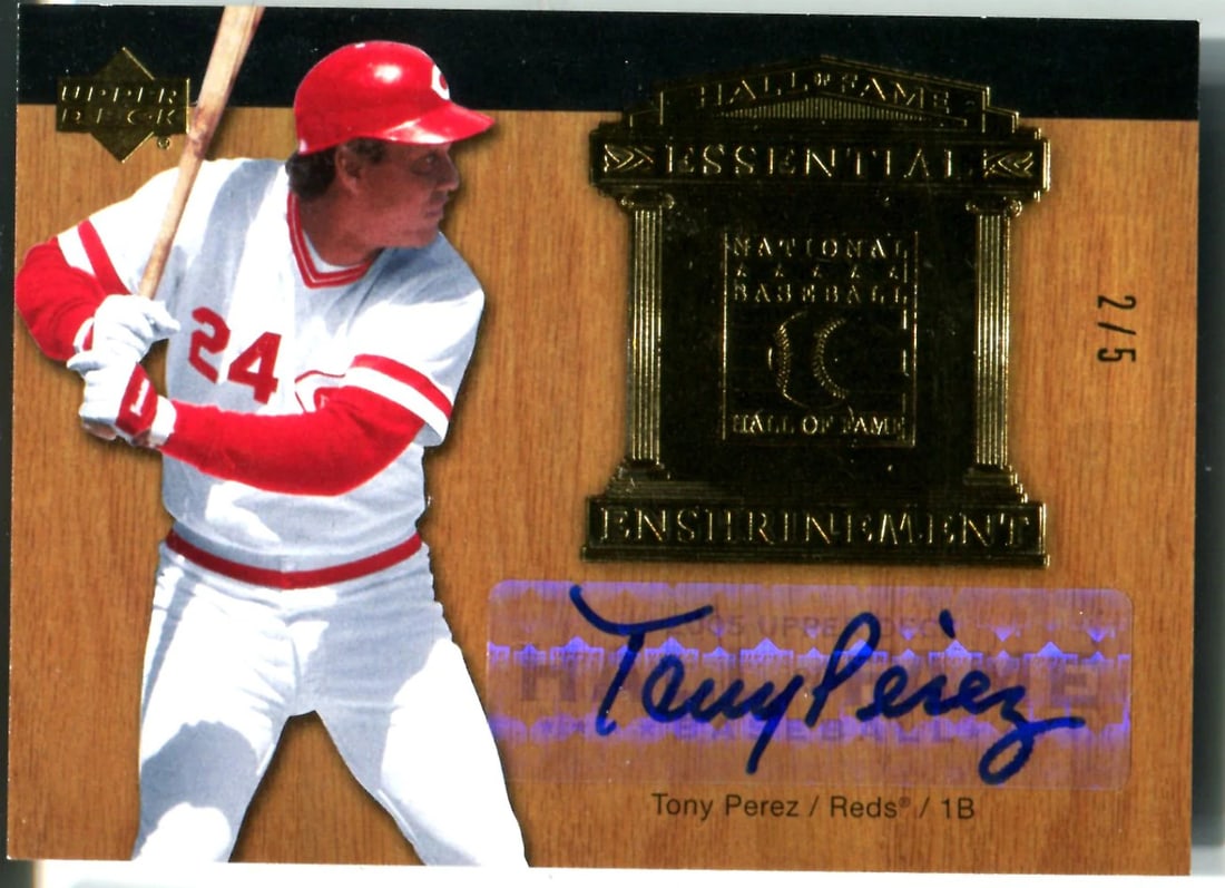 Perez Tony 2005 Deck Upper Enshrinement Autographed Card: Perez Tony 2005 Deck Upper Enshrinement Autographed Card Tony Perez's 2005 Upper Deck Enshrinement Autographed Card is a unique collectible, featuring the legendary baseball player's signature on card