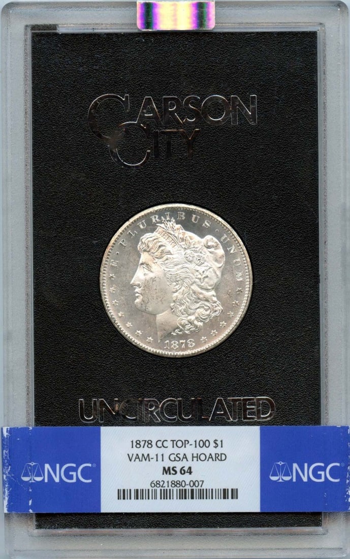 1878-CC TOP-100 Morgan Dollar VAM-11 GSA HOARD S$1 NGC MS64: 1878-CC TOP-100 Morgan Dollar VAM-11 GSA HOARD S$1 NGC MS64 The 1878-CC TOP-100 Morgan Dollar VAM-11 GSA HOARD S$1 NGC MS64 boasts exceptional condition, graded MS64 by the Numismatic Guaranty Corpora