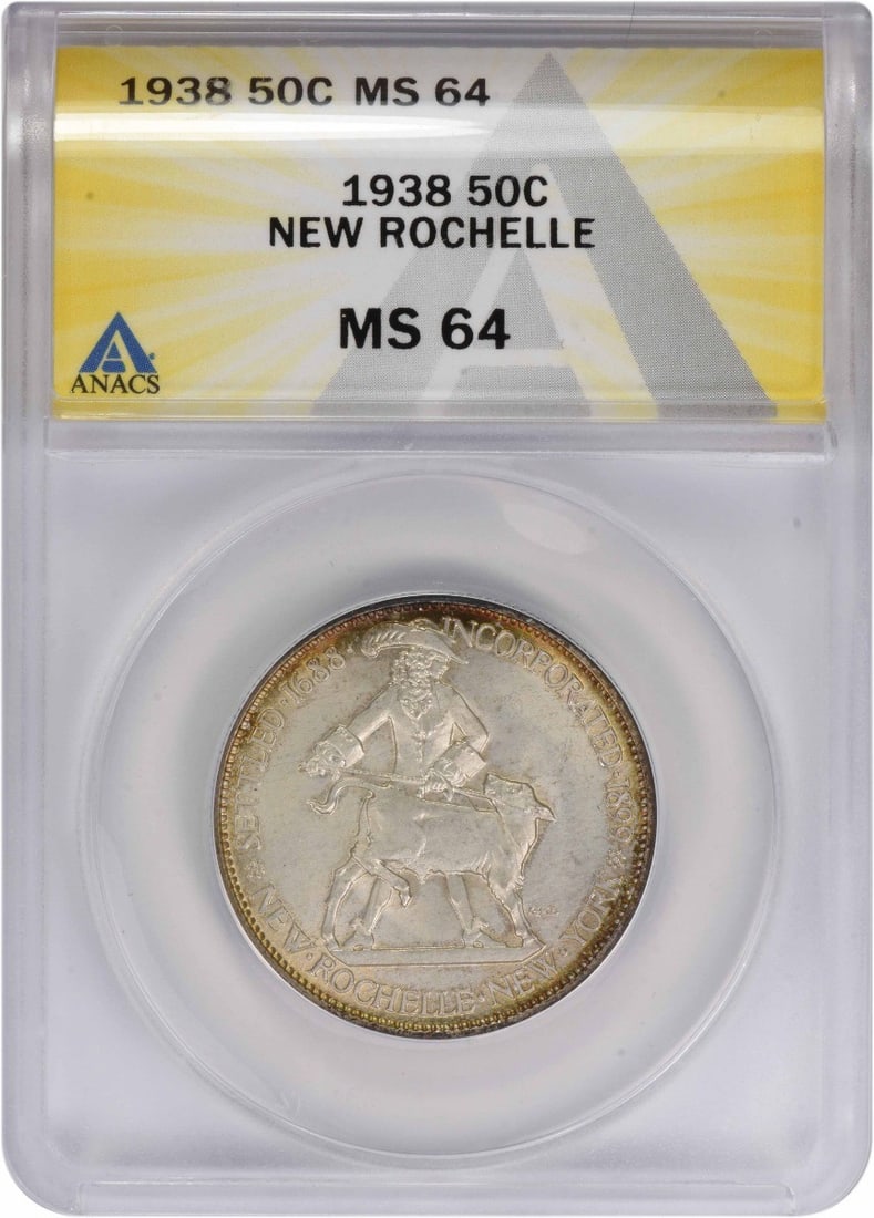 MS64 ANACS Commemorative Half Dollar Silver New Rochelle: MS64 ANACS Commemorative Half Dollar Silver New Rochelle The MS64 ANACS Commemorative Half Dollar Silver New Rochelle boasts an impressive grade of MS64, indicating exceptional condition and quality. 