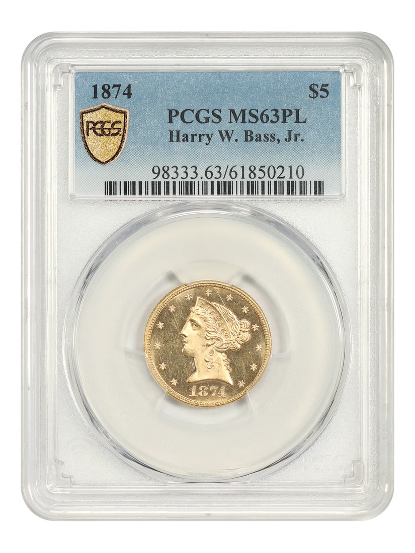 $5 Liberty Head PCGS MS63PL ex Harry W Bass Jr: $5 Liberty Head PCGS MS63PL ex Harry W Bass Jr The $5 Liberty Head PCGS MS63PL ex Harry W. Bass Jr is an uncirculated 1874 Philadelphia Mint quarter eagle featuring a striking design by John Flanagan,