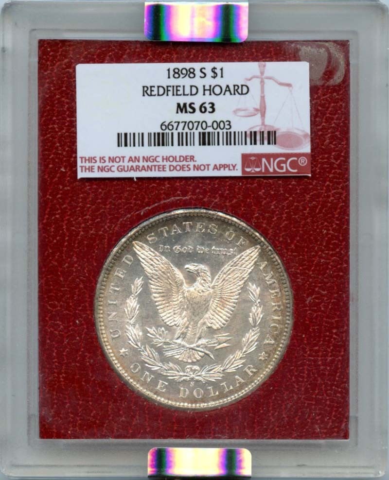 1898-S $1 Morgan Dollar Redfield Hoard NGC MS63: 1898-S $1 Morgan Dollar Redfield Hoard NGC MS63 The 1898-S $1 Morgan Dollar Redfield Hoard NGC MS63 features the iconic design of Augustus Saint-Gaudens, minted in San Francisco. This uncirculated coi