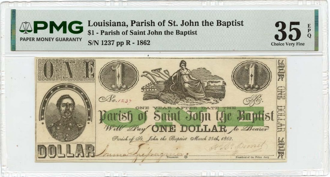 1862 $1 Edgard, Louisiana Obsolete Parish of Saint John the Baptist PMG VF35 EPQ: 1862 $1 Edgard, Louisiana Obsolete Parish of Saint John the Baptist PMG VF35 EPQ The 1862 $1 Edgard, Louisiana Obsolete Parish of Saint John the Baptist features a unique design and historical signifi