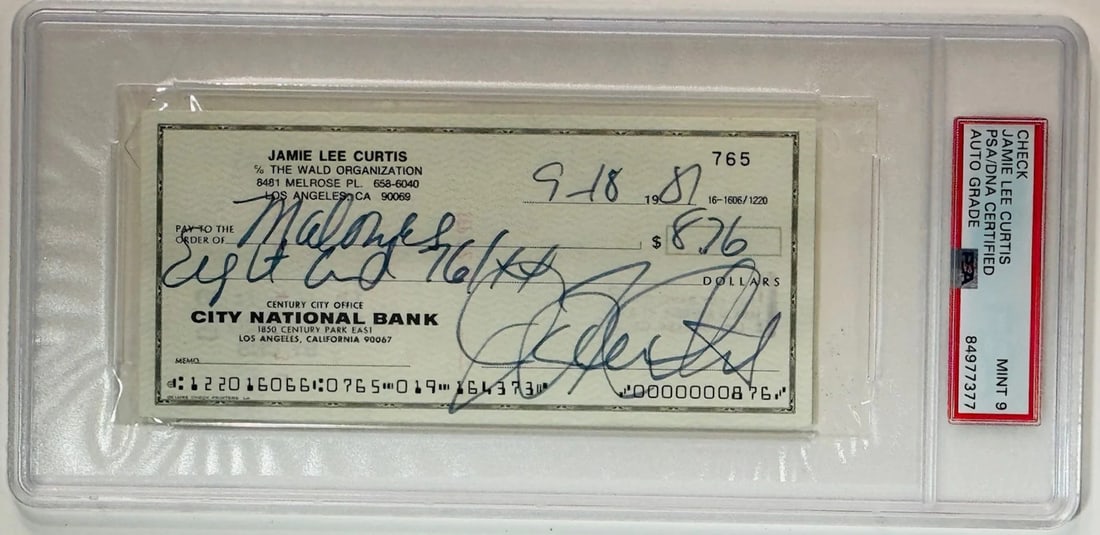 Mint 9 Autographed By PSA Curtis Jamie Lee: Mint 9 Autographed By PSA Curtis Jamie Lee Mint 9 Jamie Lee Curtis Autographed Check (PSA) - A rare and unique piece, this check features a mint condition signature by the legendary actress in blue sh
