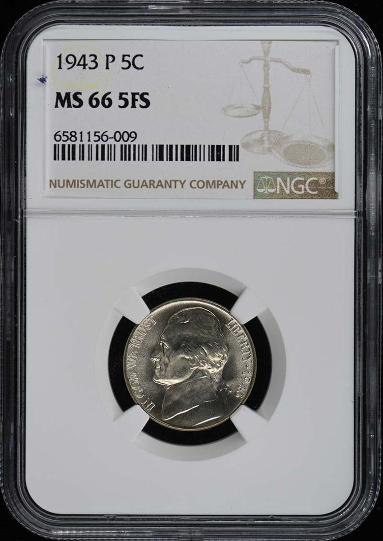 1943 Jefferson Nickel 5C NGC MS665FS: 1943 Jefferson Nickel 5C NGC MS665FS The 1943 Jefferson Nickel, graded MS66 by the NGC, boasts an impressive circulated/uncirculated designation. This rare coin features a unique design and mint locat