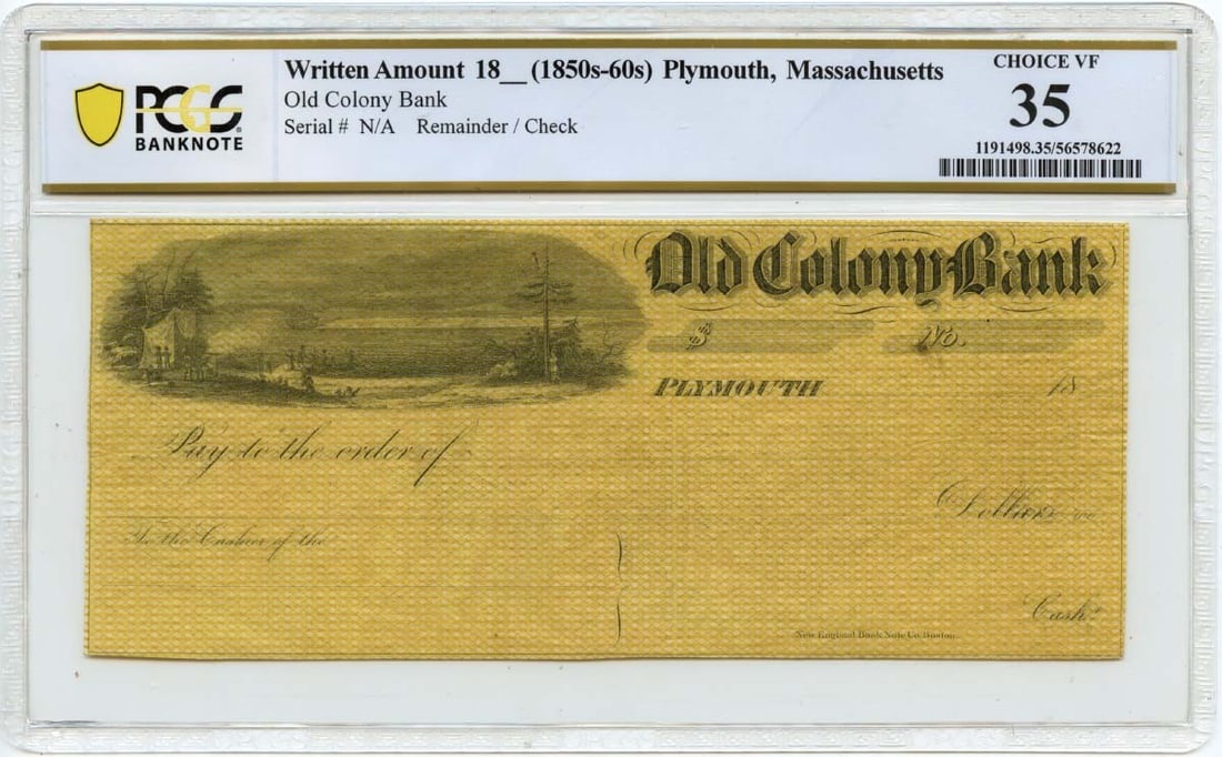 1850s-60s Plymouth, Massachusetts Check Old Colony Bank PCGS VF35 (1 of 1)