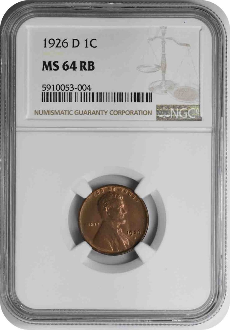 MS64RB Lincoln Cent 1926-D: MS64RB Lincoln Cent 1926-D MS64RB Lincoln Cent 1926-D, certified by NGC as Uncirculated, boasts the distinctive design of Victor David Brenner and features a plain edge. With a mintage of over 28 mill