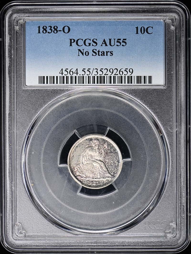 1838-O 10C No Stars Liberty Seated Dime PCGS AU55: 1838-O 10C No Stars Liberty Seated Dime PCGS AU55 1838-O 10C No Stars Liberty Seated Dime PCGS AU55, certified by the prestigious Professional Coin Grading Service (PCGS) with a grade of AU55. This ci