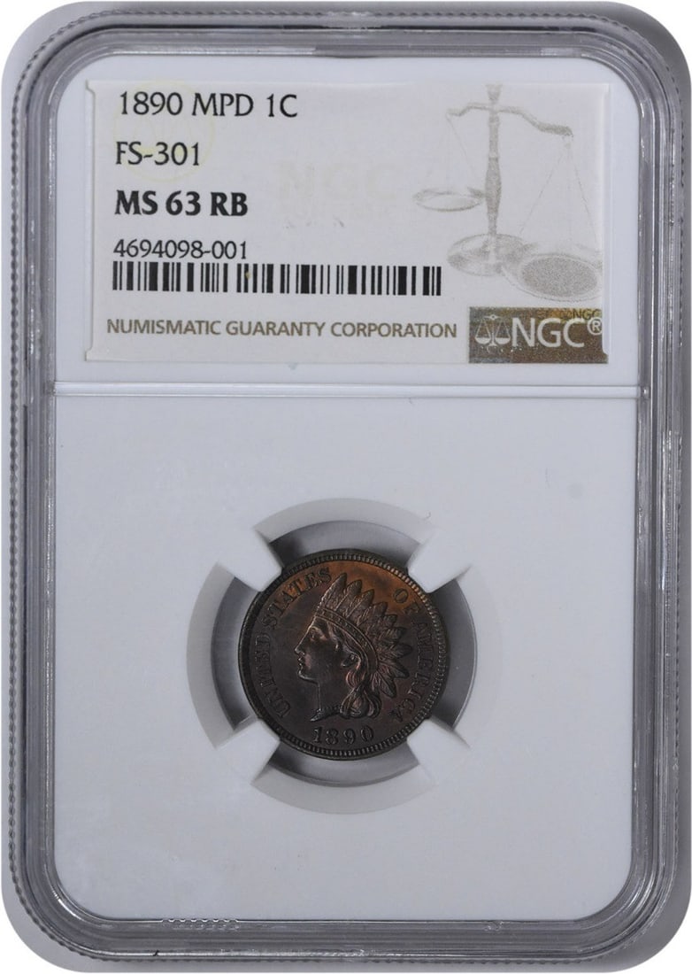 1890 Indian Cent MPD FS-301 MS63RB NGC: 1890 Indian Cent MPD FS-301 MS63RB NGC The 1890 Indian Cent MS63RB NGC is a highly detailed and well-preserved coin, boasting a striking Mint State 63 grade from the Numismatic Guaranty Corporation. F