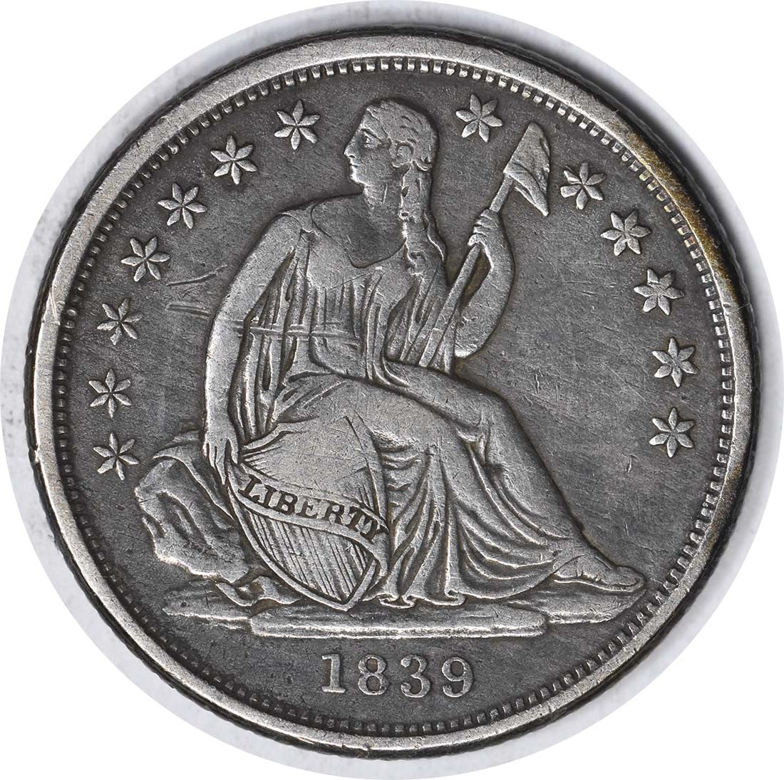 1839-O Liberty Seated Silver Dime F-108 Huge O VF Uncertified: 1839-O Liberty Seated Silver Dime F-108 Huge O VF Uncertified The 1839-O Liberty Seated Silver Dime boasts an impressive KM number and circulated condition, offering a unique glimpse into the early da