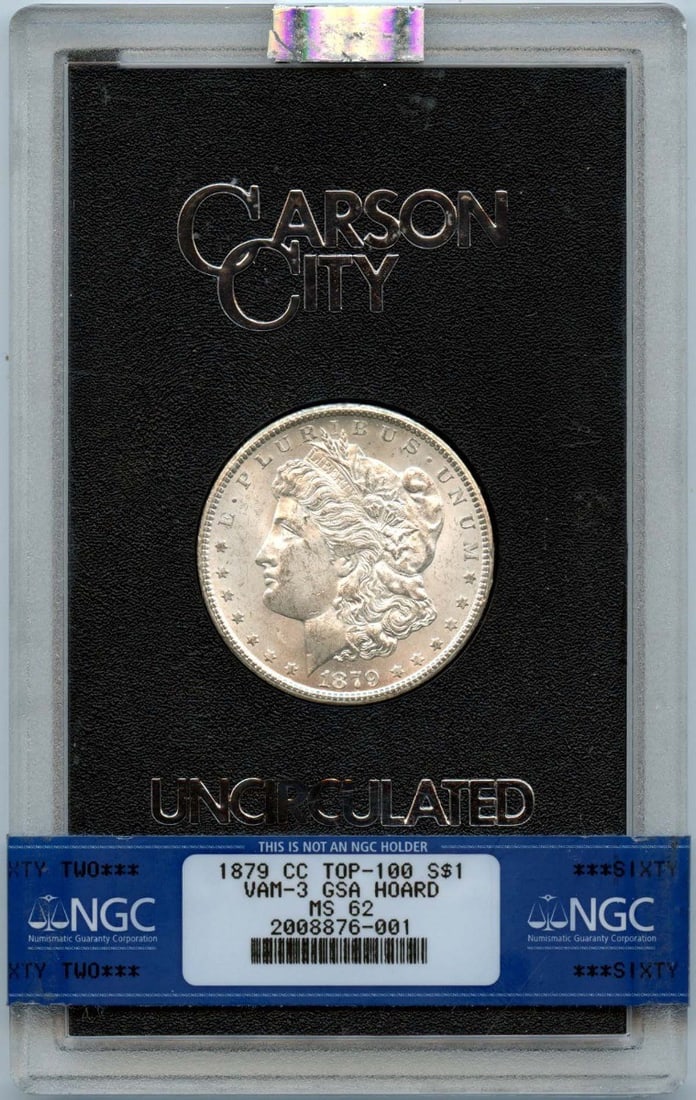1879-CC TOP-100 Morgan Dollar VAM-3 GSA HOARD S$1 NGC MS62: 1879-CC TOP-100 Morgan Dollar VAM-3 GSA HOARD S$1 NGC MS62 Uncirculated Morgan Dollar from the Carson City Mint, graded MS62 by NGC. This coin bears the VAM-3 designation and comes from a GSA hoard. I