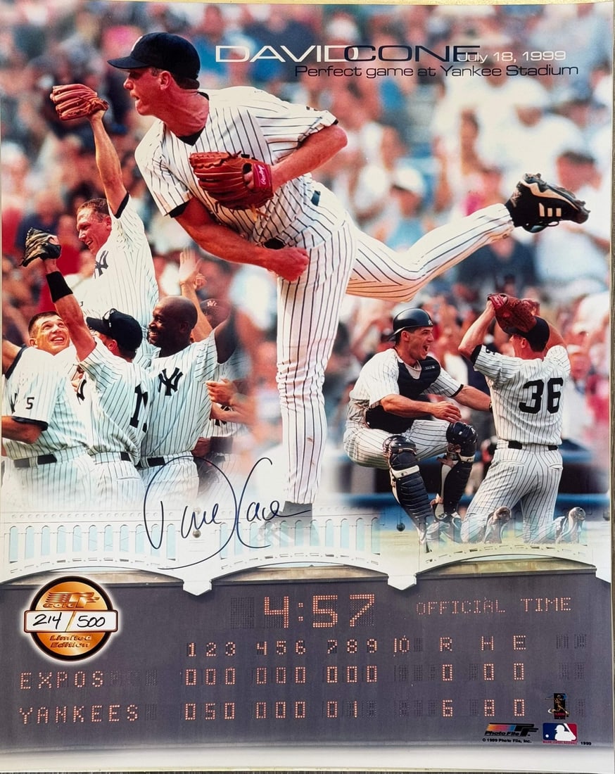 David Cone Autographed Yankees 16X20 Baseball Photo: David Cone Autographed Yankees 16X20 Baseball Photo Signed in blue sharpie across the front, this 16X20 baseball photo features an autograph from David Cone, a legendary Yankees pitcher. The photo