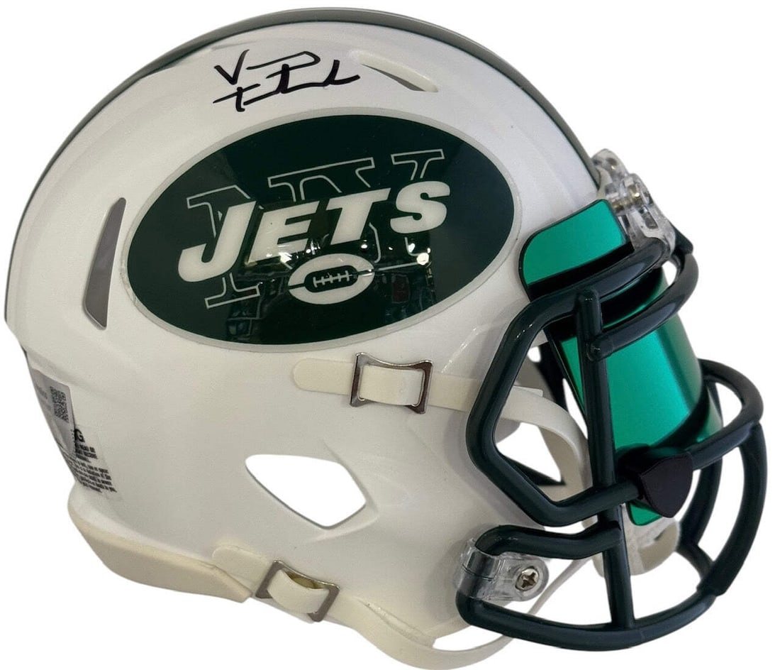 Vinny Testaverde Autographed Jets Speed Mini Helmet (Fanatics): Vinny Testaverde Autographed Jets Speed Mini Helmet (Fanatics) Signed by Vinny Testaverde in black sharpie, this Fanatics autographed Jets speed mini helmet showcases the legendary quarterback's signa