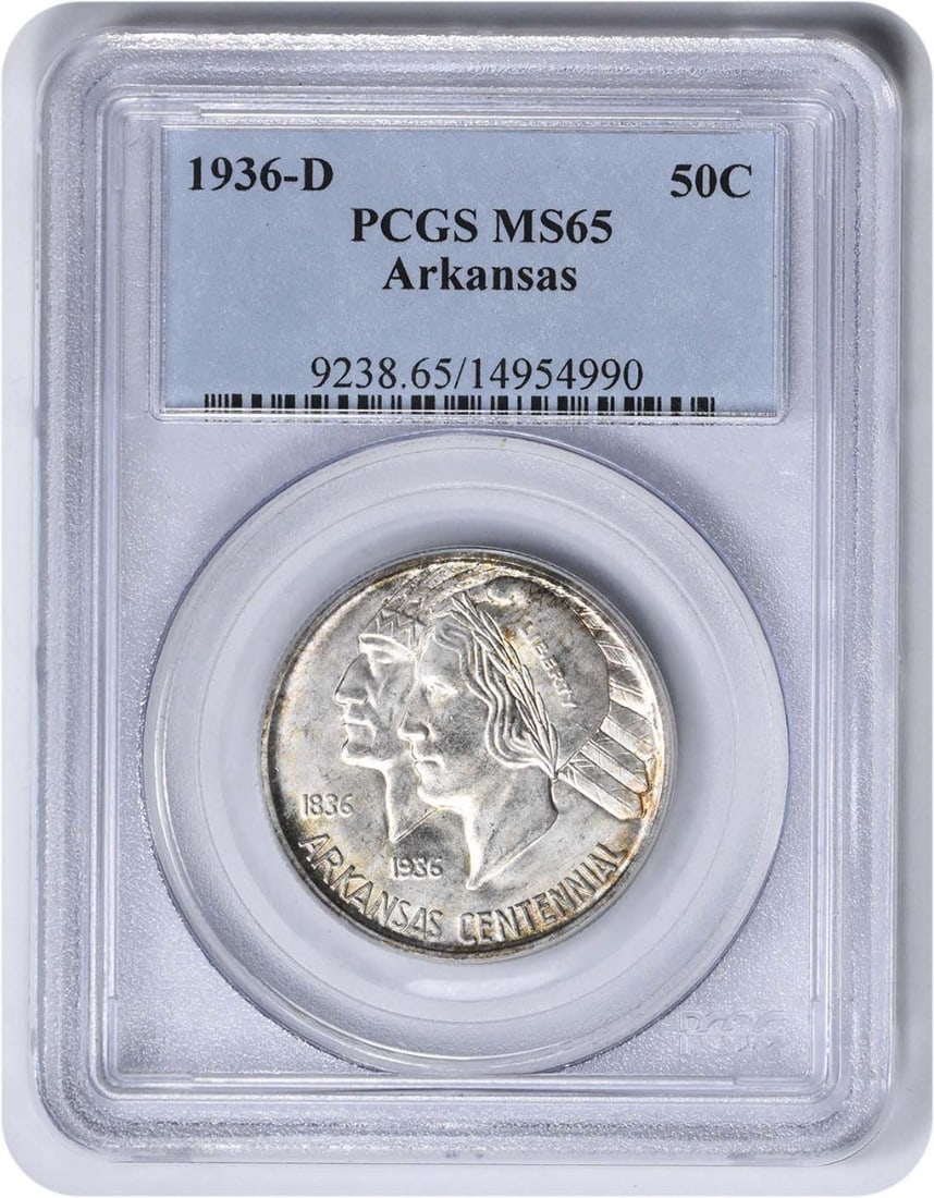 MS65 PCGS Commemorative Silver Arkansas Half Dollar 1936-D: MS65 PCGS Commemorative Silver Arkansas Half Dollar 1936-D MS65 PCGS Commemorative Silver Arkansas Half Dollar 1936-D, certified by the prestigious PCGS with an impressive grade of MS65, showcases exc