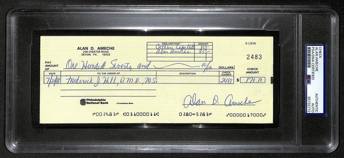 Alan Ameche Signed/ Auto 1988 Bank Check 1954 Heisman Wisconsin PSA/ DNA 205378: Alan Ameche Signed/ Auto 1988 Bank Check 1954 Heisman Wisconsin PSA/ DNA 205378 Item Specifics: Original/Reprint: Original Product: Check Sport: Football Product Disclaimer: Not affiliated with any te