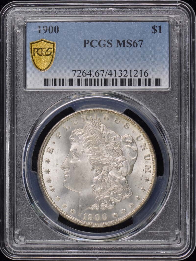 1900 $1 Morgan Dollar PCGS MS67: 1900 $1 Morgan Dollar PCGS MS67 The PCGS MS67 graded 1900 $1 Morgan Dollar is an uncirculated coin from the Philadelphia mint, bearing the iconic design of Augustus Saint-Gaudens. Certified by the Pro