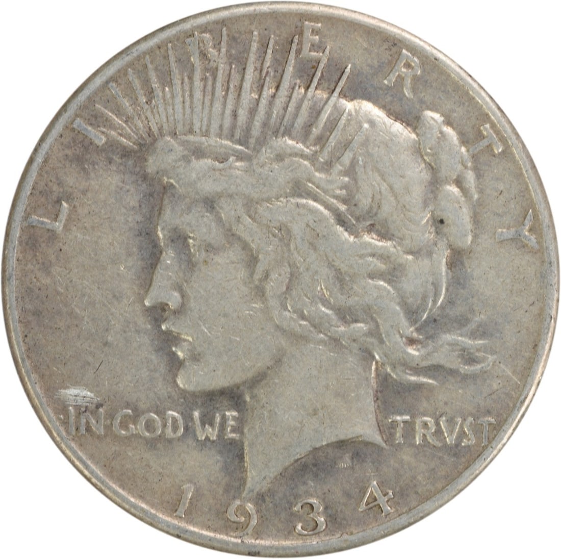 1934-S Peace Silver Dollar VF Uncertified: 1934-S Peace Silver Dollar VF Uncertified The 1934-S Peace Silver Dollar features a striking design, with the iconic Liberty profile on one side and an eagle on the other. Made from high-quality silve