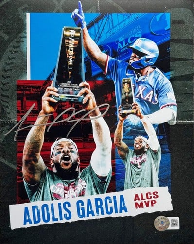 Adolis Garcia Rangers Autographed 8x10 Baseball Photo (Beckett): Adolis Garcia Rangers Autographed 8x10 Baseball Photo (Beckett) Signed by Adolis Garcia in silver sharpie, this Beckett-graded 8x10 baseball photo showcases the Rangers' star player. The photo bears a