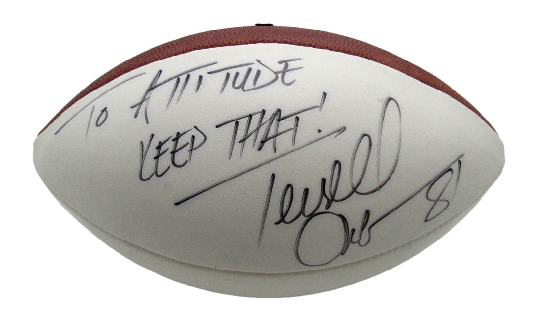 Terrell Owens HOF Signed/ Inscribed Brown/ White Nike Leather Football JSA 211019: Terrell Owens HOF Signed/ Inscribed Brown/ White Nike Leather Football JSA 211019 Terrell Owens HOF Signed/ Inscribed Brown/ White Nike Leather Football. This official NFL football features a signatur