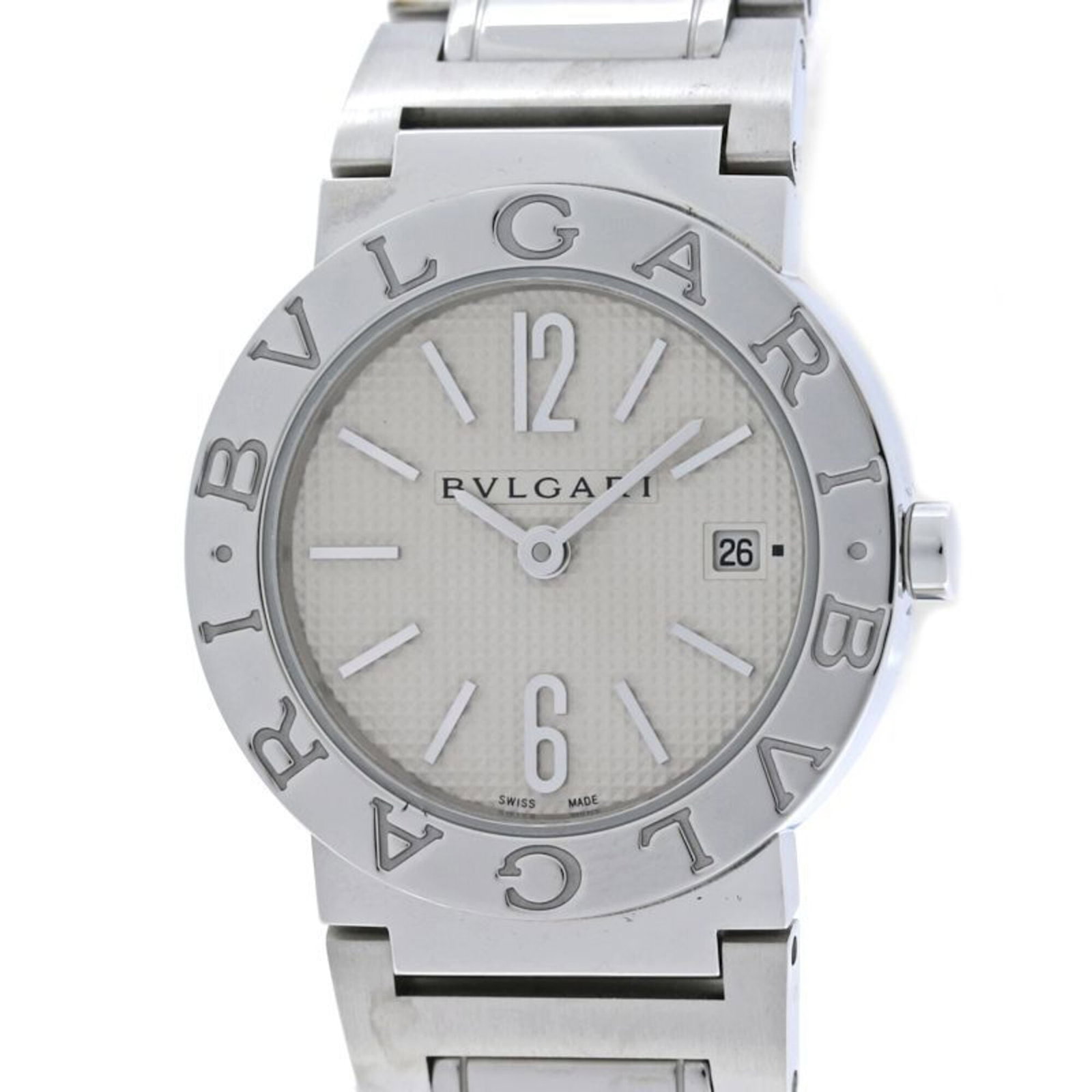 Bvlgari Wristwatch: Bvlgari Wristwatch Stainless steel case and band, white dial, quartz movement, and a sleek 26mm design make this Bvlgari wristwatch a stylish accessory. The watch's compact size and comfortable 16.5cm