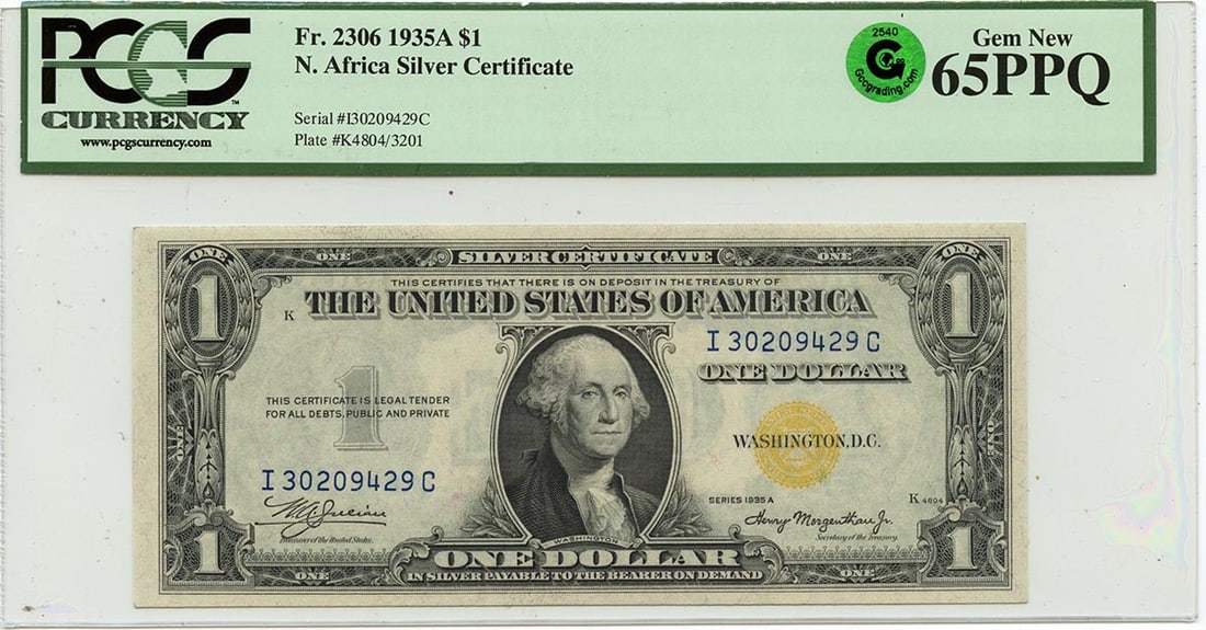 1935A $1 N. Africa Silver Certificate FR#2306 PCGS GEM 65 PPQ: 1935A $1 N. Africa Silver Certificate FR#2306 PCGS GEM 65 PPQ The 1935A $1 N. Africa Silver Certificate, graded MS65 by PCGS and bearing the PPQ designation, showcases exceptional condition with a hig
