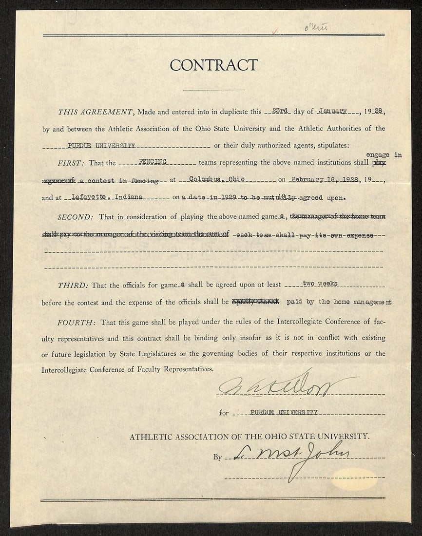 Lynn St. John HOF Signed 1928 Contract Ohio State & Purdue JSA 198968: Lynn St. John HOF Signed 1928 Contract Ohio State & Purdue JSA 198968 Signed by Lynn St. John, a member of the Ohio State and Purdue baseball teams in 1928, this contract bears the Hall of Fame design