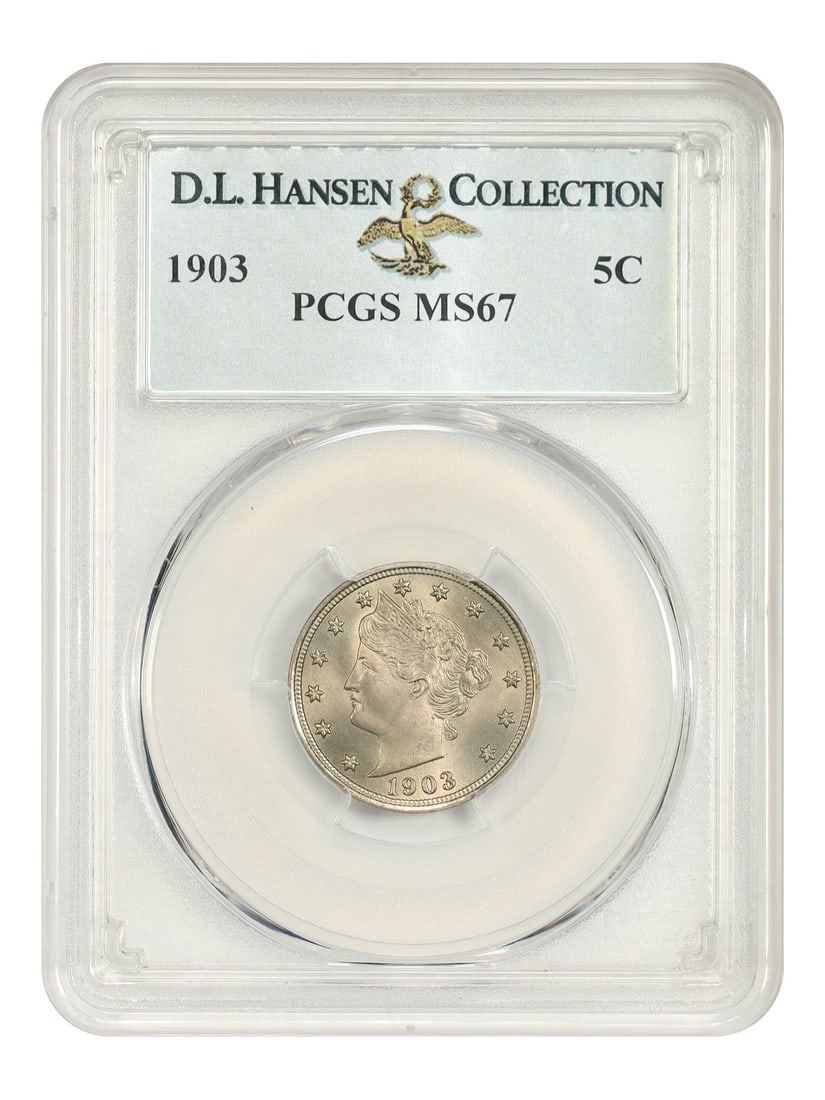 PCGS MS67 ex: D.L. Hansen Liberty Nickel 5C 1903: PCGS MS67 ex: D.L. Hansen Liberty Nickel 5C 1903 The PCGS MS67 ex: D.L. Hansen Liberty Nickel 5C 1903 is an uncirculated example of one of the most iconic coins in American numismatics, boasting a hig