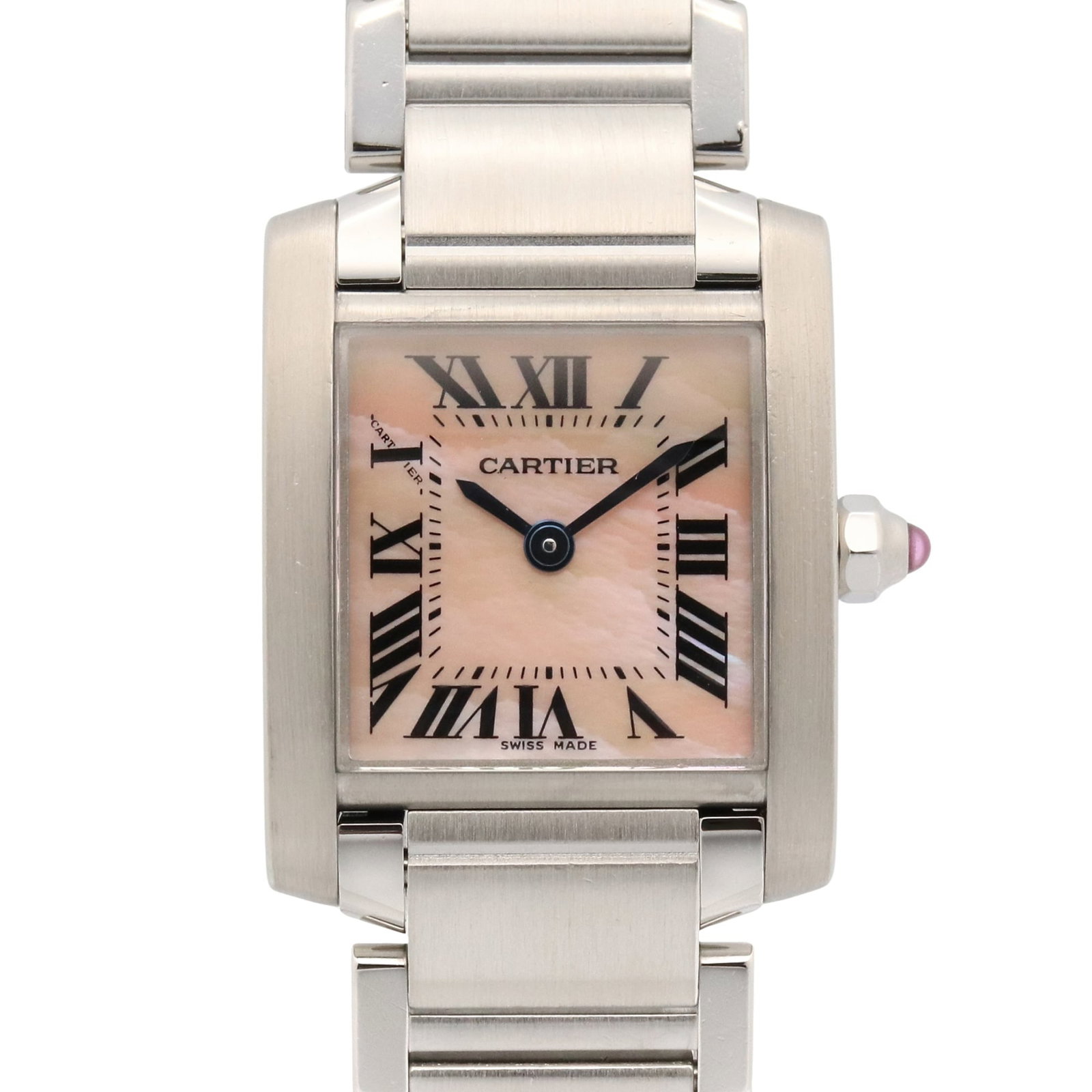 Cartier Wristwatch: Cartier Wristwatch Stainless steel case and band, pink shell dial, quartz movement, and 20mm diameter make this Cartier wristwatch a stylish accessory. With its sleek design and precise timekeeping, i