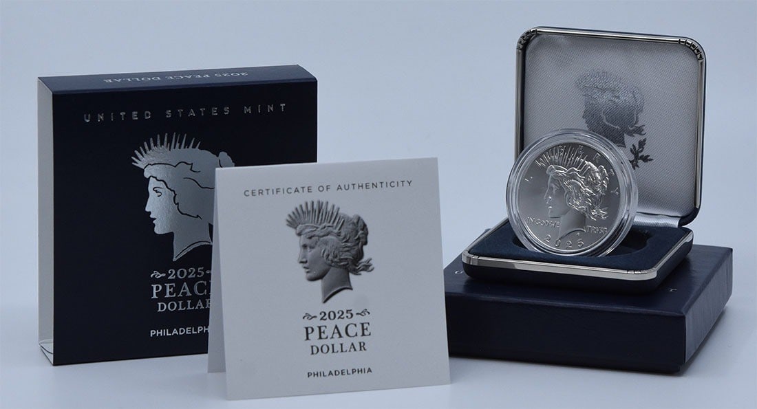 Silver Dollar of 2025 in Original Government Packaging: Silver Dollar of 2025 in Original Government Packaging The 2025 Silver Dollar, packaged in its original government packaging, showcases the Peace design on the obverse and a plain reverse. This uncirc