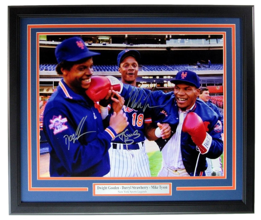 Darryl Strawberry Signed Photo Mets Framed by Mike Tyson and Gooden 16x20 JSA: Darryl Strawberry Signed Photo Mets Framed by Mike Tyson and Gooden 16x20 JSA Authentic Darryl Strawberry signed photo, expertly framed by boxing legend Mike Tyson. This 16x20 inch image bears the sig