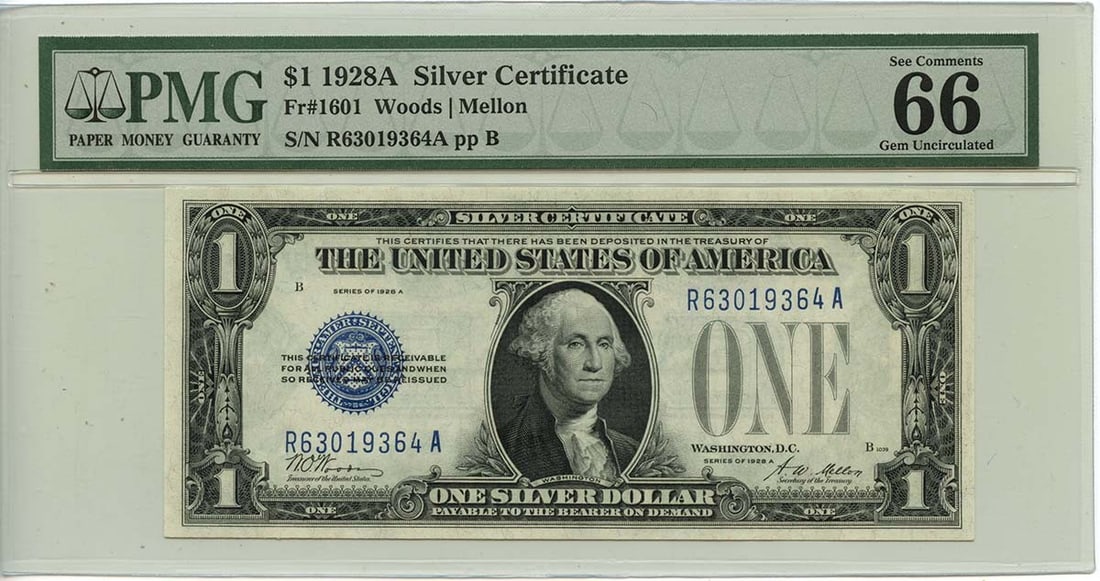 1928A $1 Silver Certificate Blue Woods Mellon Fr# 1601 PMG GEM 66 EPQ: 1928A $1 Silver Certificate Blue Woods Mellon Fr# 1601 PMG GEM 66 EPQ The 1928A $1 Silver Certificate features a stunning blue wood grain design, characteristic of the PMG GEM 66 EPQ certification. Th