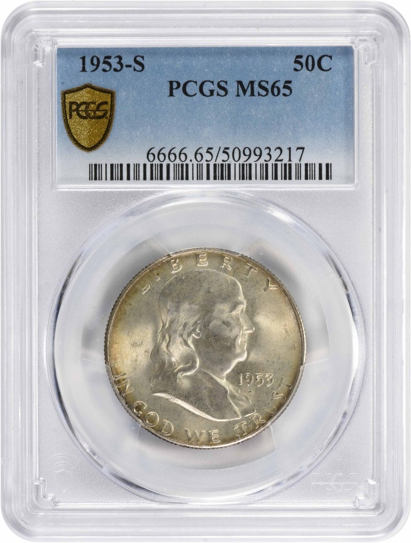 Silver Half Dollar MS65 1953-S Franklin: Silver Half Dollar MS65 1953-S Franklin The 1953-S Franklin Half Dollar, graded MS65 by PCGS, boasts exceptional condition with its reeded edge and detailed design. This silver coin features a