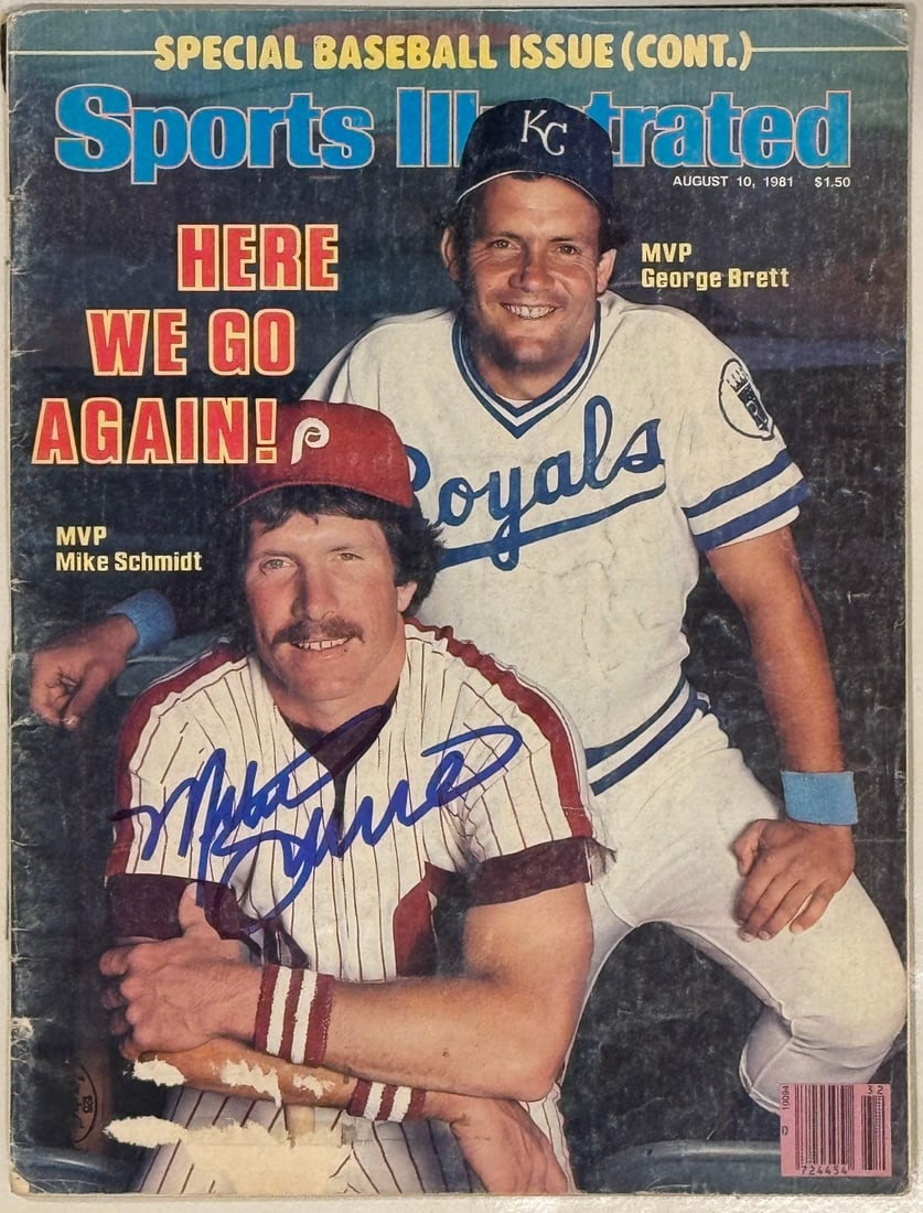 August 10 1981 Mike Schmidt Autographed Sports Illustrated Magazine: August 10 1981 Mike Schmidt Autographed Sports Illustrated Magazine Mike Schmidt's iconic 1981 Sports Illustrated magazine, signed in blue sharpie across the front, bears a notable signature from one 