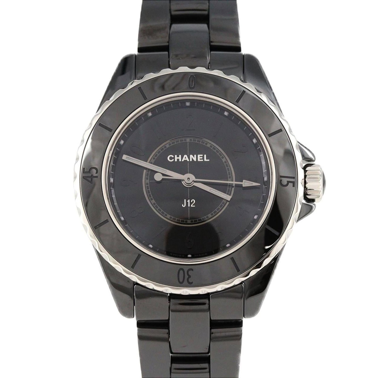 Chanel Wristwatch: Chanel Wristwatch Ceramic case and band add a sleek touch to this Chanel wristwatch, featuring a black dial. With its quartz movement and 33mm diameter, this timepiece is designed for everyday wear. T