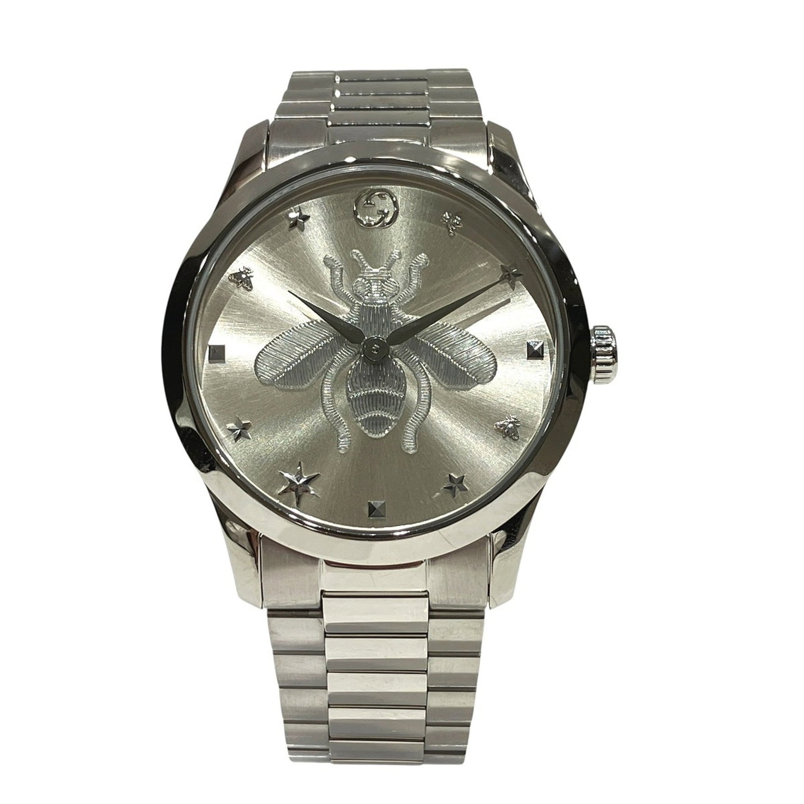 Gucci Wristwatch: Gucci Wristwatch Stainless steel case and band, silver dial, and quartz movement make up the Gucci wristwatch. Measuring 38mm in diameter, it's designed to fit wrists up to 19cm in size. The watch fea