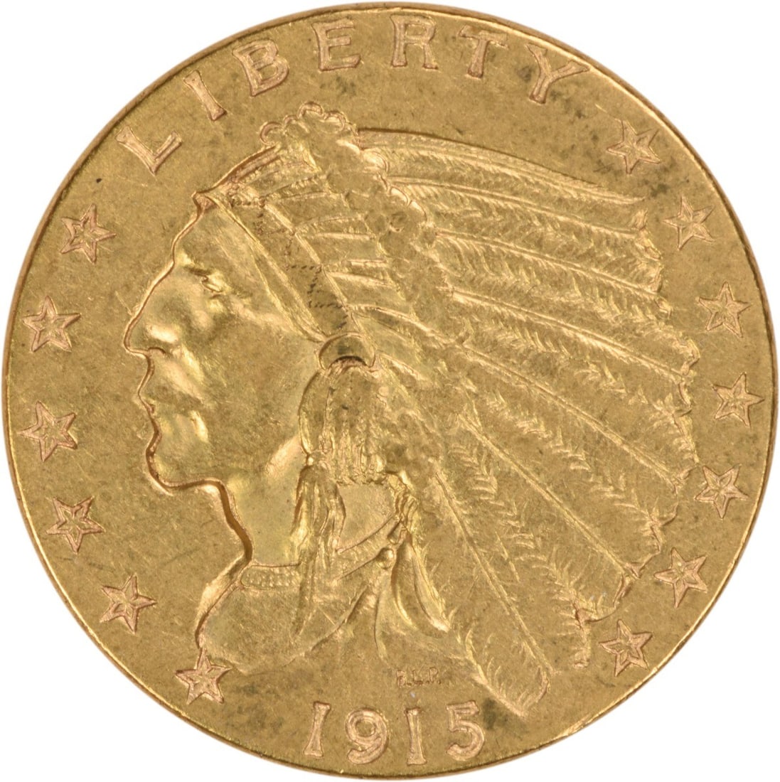 Uncertified Gold Indian $2.50 Slider AU 1915: Uncertified Gold Indian $2.50 Slider AU 1915 Uncertified Gold Indian $2.50 Slider AU 1915 - A Rare Piece from the Early 20th Century, Featuring a Reeded Edge and High Gold Content. This circulated coi