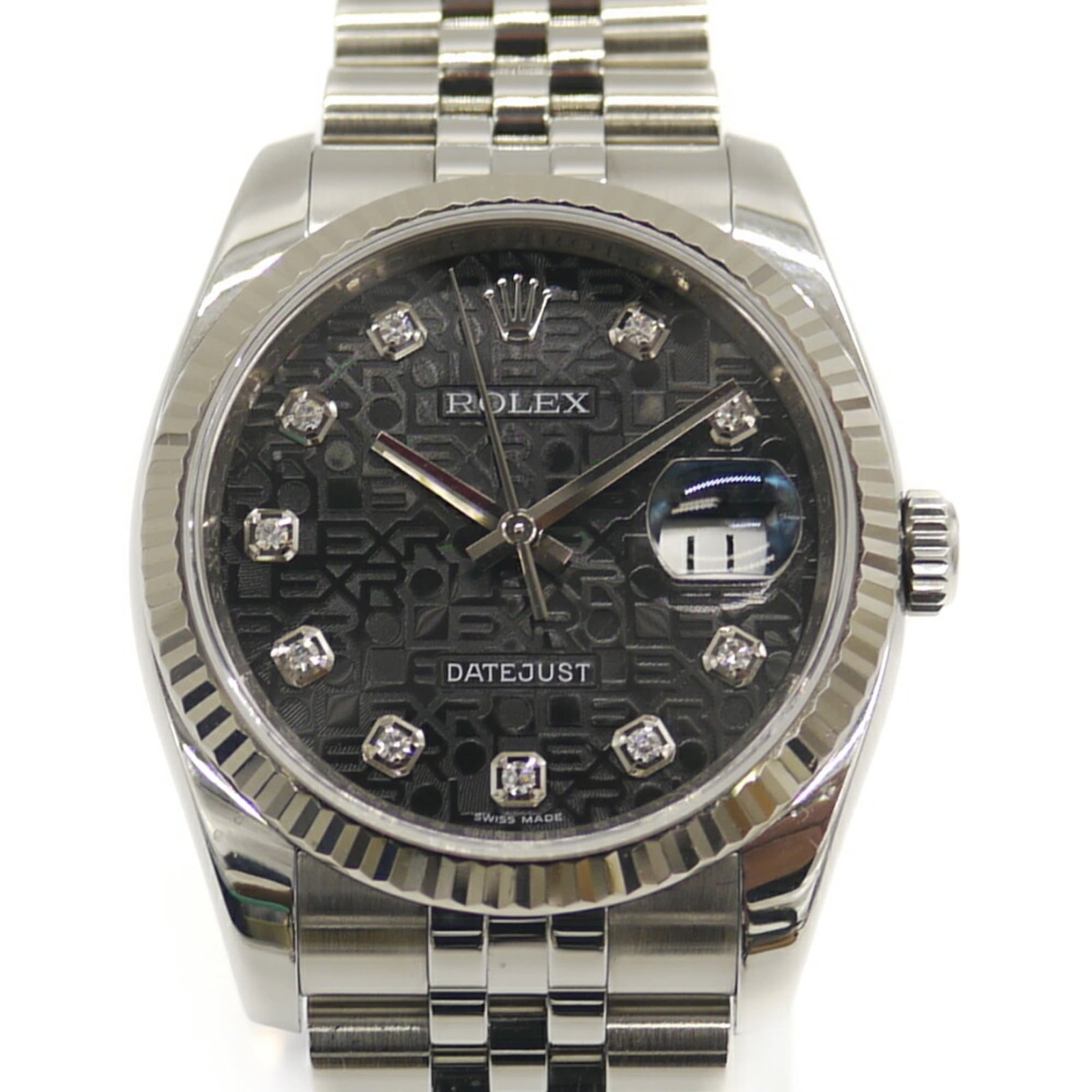 Rolex Wristwatch: Rolex Wristwatch Stainless steel case and band, paired with a black dial featuring diamond gemstones, make this Rolex Datejust wristwatch a sleek and sophisticated timepiece. Automatic self-winding