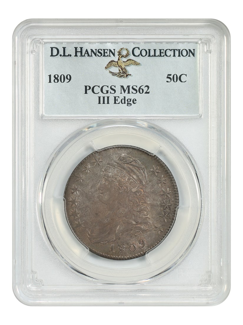 1809 50C PCGS MS62 (III Edge) ex: D.L. Hansen: 1809 50C PCGS MS62 (III Edge) ex: D.L. Hansen The 1809 half cent, graded MS62 by PCGS, boasts its original III Edge design. This uncirculated coin bears the hallmark of a renowned collector, having pr